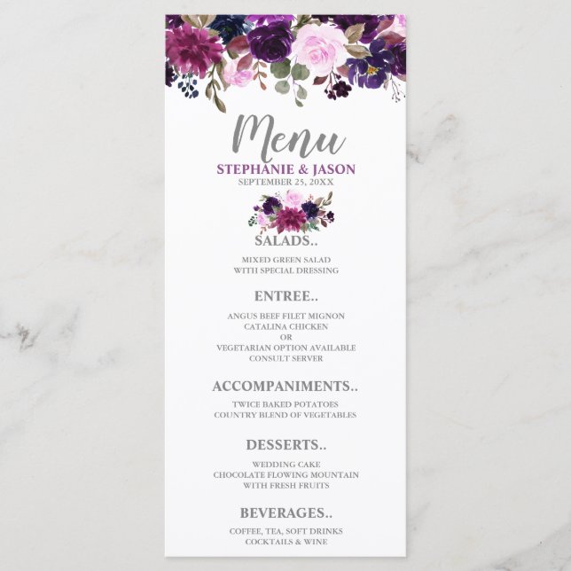 Menu de Casamento Floral de Boho com Lavanda Roxa (Frente)