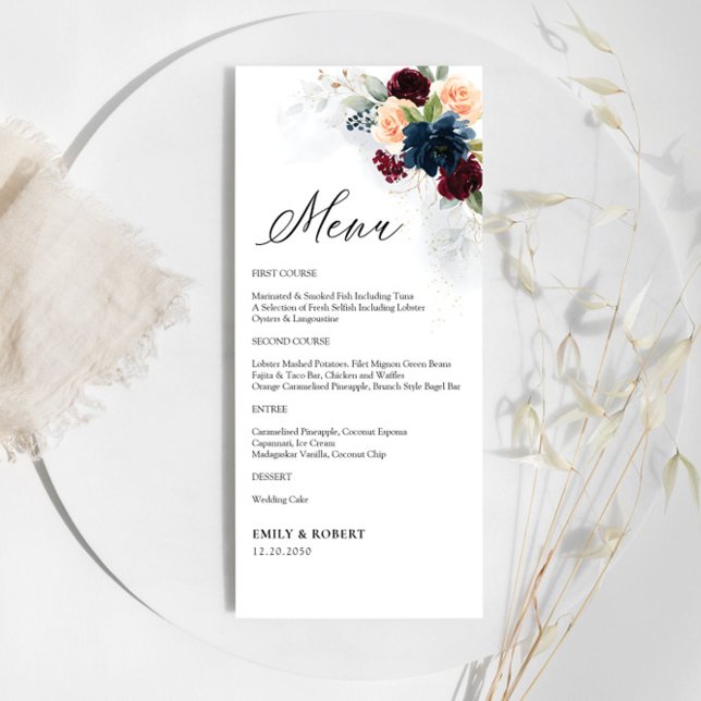 Menu de Casamento Floral de Borgonha e Marinho (Criador carregado)