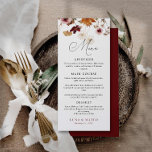 Menu de Casamento Floral de Burgundy Boho Fall<br><div class="desc">Cartões De Menu De Casamento Floral Do Tema Boho Burgundy. Projetado com Florais de queda de aquarela Itens correspondentes em nossa loja Design do Partido Cava</div>