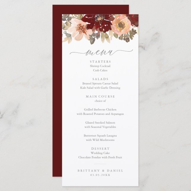 Menu de Casamento Floral de Burgundy e Peach (Frente/Verso)
