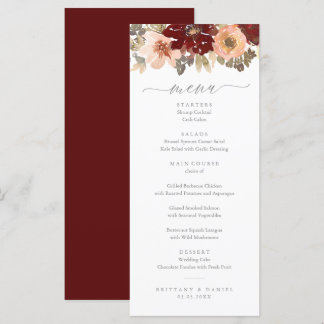 Menu de Casamento Floral de Burgundy e Peach