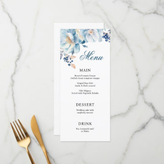 Menu de casamento floral de cor aquosa azul