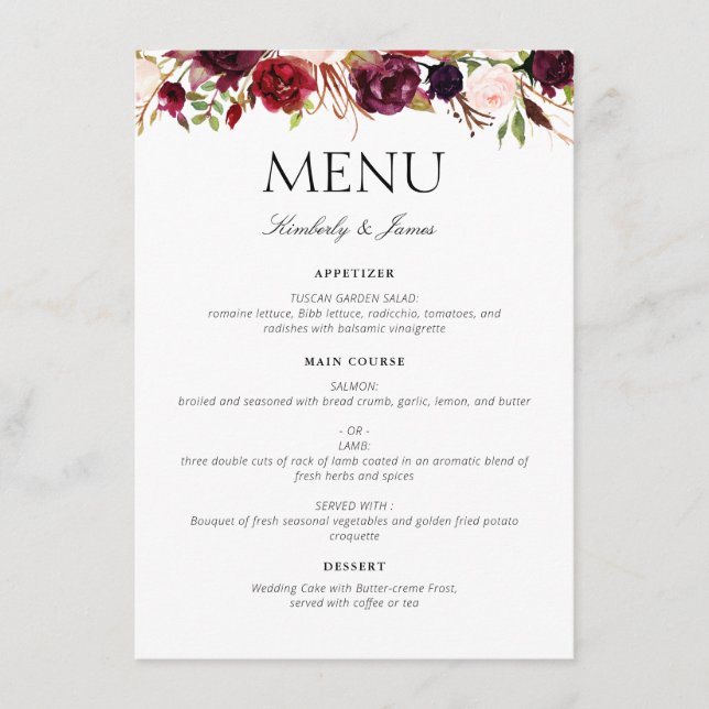 menu de casamento floral de cor d'água (Frente)