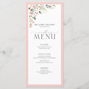 Menu de Casamento Floral de Cor de Água Rosa Pês