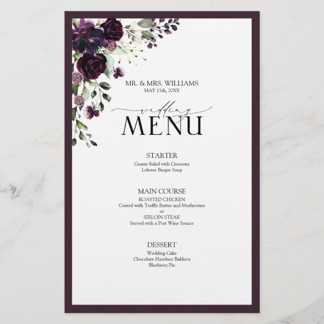 Menu de Casamento Floral de Cor de Água Rosa Pêsse (Frente)