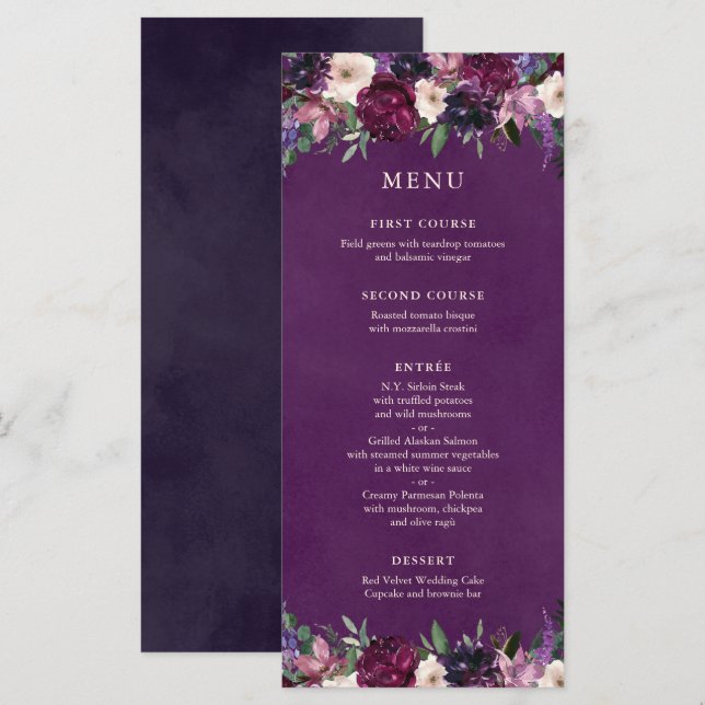 Menu de Casamento Floral de EggPlant Purple (Frente/Verso)