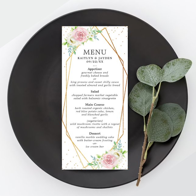 Menu de Casamento Floral de Folha de Ouro Geométri (Criador carregado)