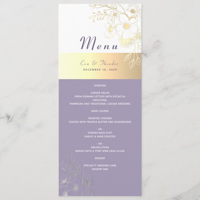 Menu de Casamento Floral de Lavanda (Frente)
