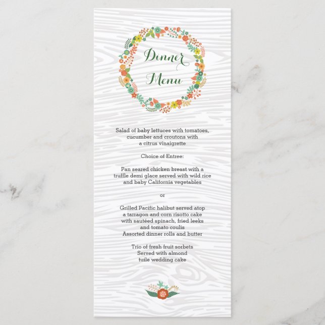Menu de Casamento Floral de Madeira Rústica (Frente)