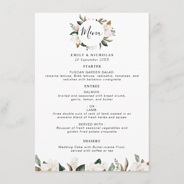 menu de casamento floral de Magolia Moderna (Frente)