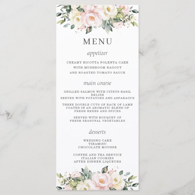 Menu de Casamento Floral de Marfim Rosa Cor-de-Ros (Frente)