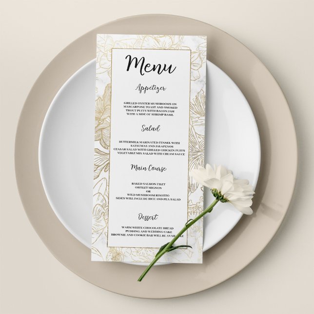 Menu de Casamento Floral de Mármore de cinza branc (Elegant white gold gray marble floral Wedding Menu )