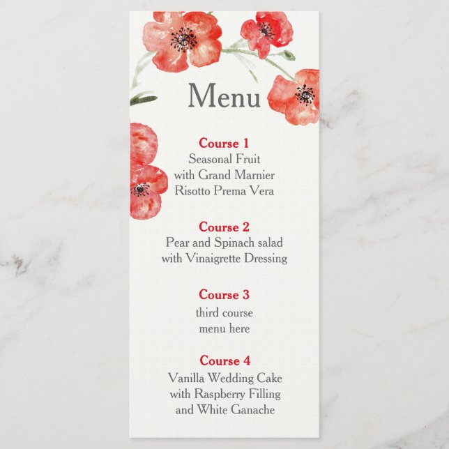 menu de casamento floral de papoila vermelha (Frente)