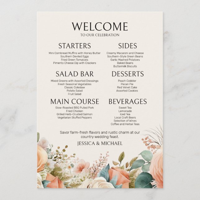 Menu de Casamento Floral de Peach Cream Watercolor (Frente)