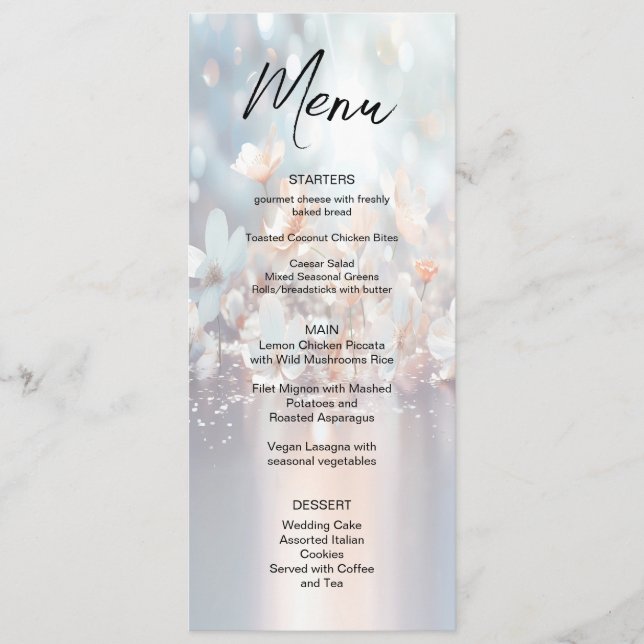 Menu de Casamento Floral de Pêssego Branco (Frente)