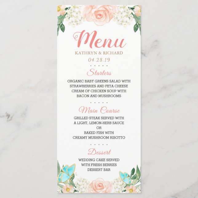 Menu de Casamento Floral de Pêssego com Blush de A (Frente)