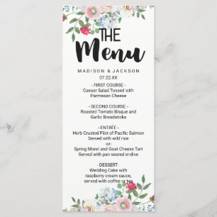 Menu de Casamento Floral de Rosa de Aquarela Azul