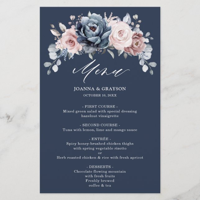 Menu de Casamento Floral de Rosa de Folha de Mata  (Frente)