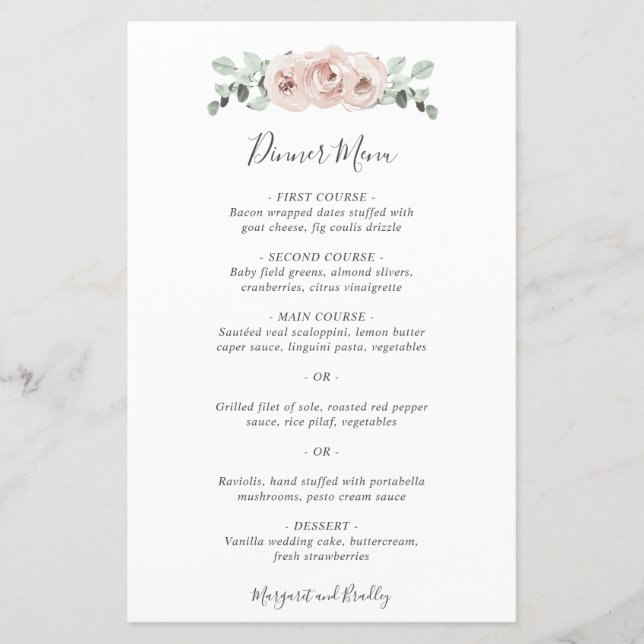 Menu de Casamento Floral de Rosa Simples Dusty Ele (Frente)