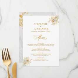 Menu de Casamento Floral de Script Dourado Elegant
