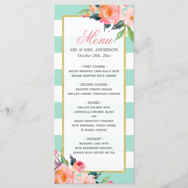 Menu de Casamento Floral de Stripes Verdes Moderna (Frente)