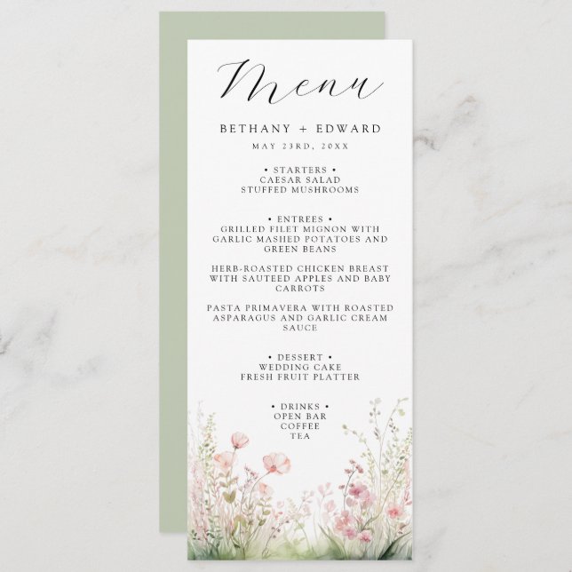 Menu de Casamento Floral Delicado (Frente/Verso)