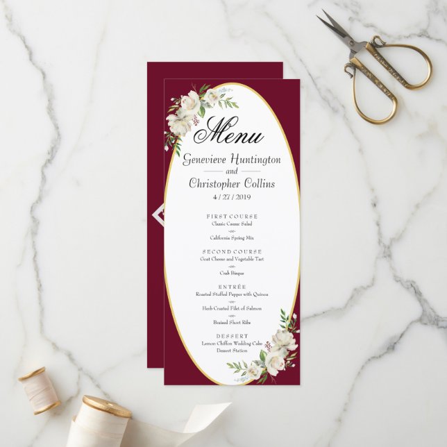 Menu de Casamento Floral do Elegante Boho Burgundy (Frente/Verso In Situ)