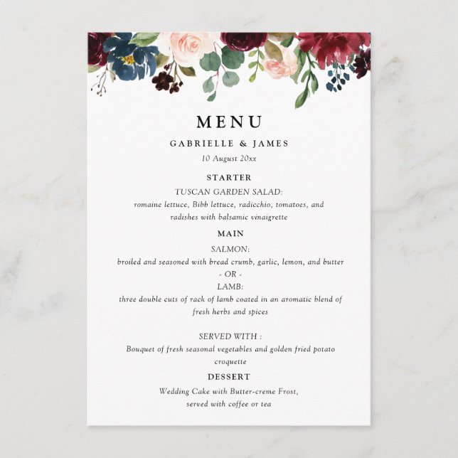 menu de casamento floral do marinho Burgundy de aq (Frente)