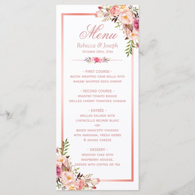 Menu de Casamento Floral do Quadro Dourado Classy  (Frente)