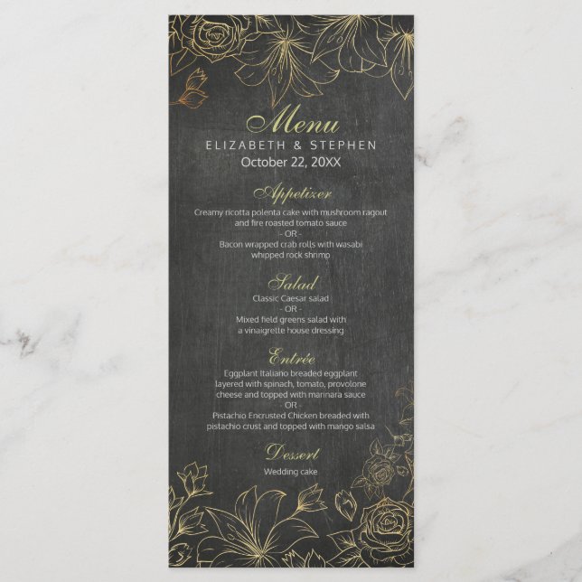 Menu de Casamento Floral do Quadro Dourado Preto E (Frente)