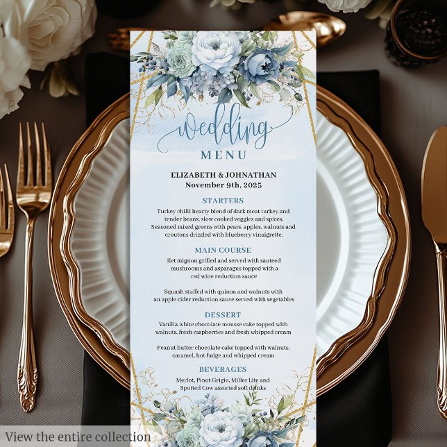 Menu de Casamento Floral Dourado de Quadro Azul Li (Clean Dusty Blue Gold Frame Floral Wedding Menu)
