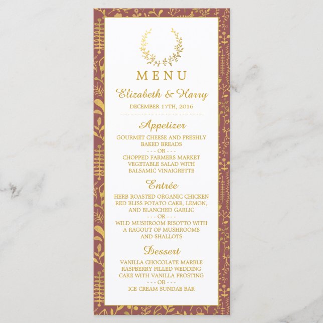 Menu de Casamento Floral Dourado Elegante (Frente)
