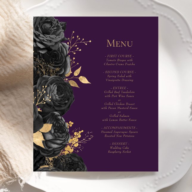 Menu de Casamento Floral Dourado Roxo Preto (Criador carregado)
