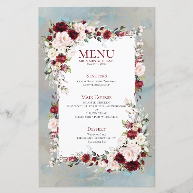 Menu de Casamento Floral Dusty Blue Burgundy Blush (Frente)