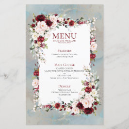 Menu de Casamento Floral Dusty Blue Burgundy Blush