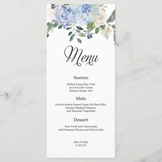 Menu de Casamento Floral Dusty Blue Hydrangea (Frente)