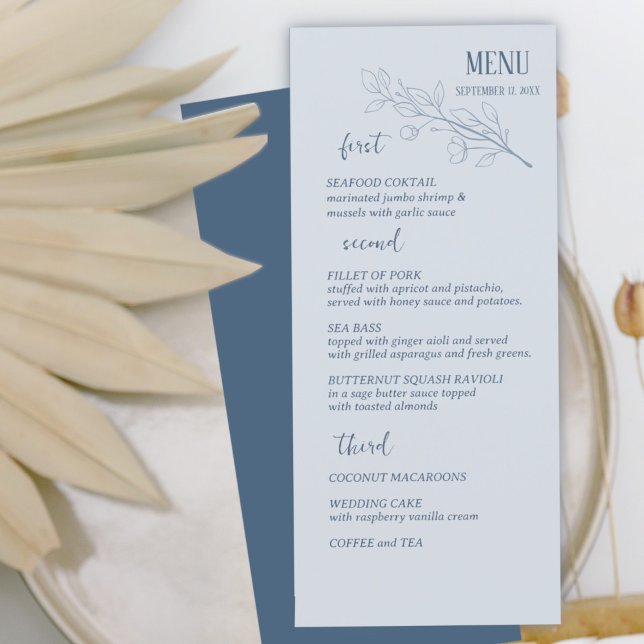 Menu de Casamento Floral Dusty Blue Simple Boho (Criador carregado)