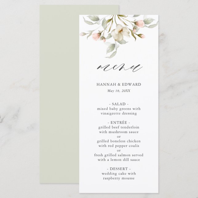 Menu de Casamento Floral Elegante Blush White Sage (Frente/Verso)