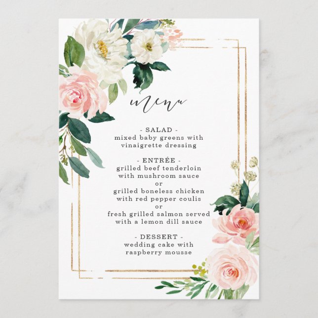 Menu de Casamento Floral Elegante de Blush White B (Frente)