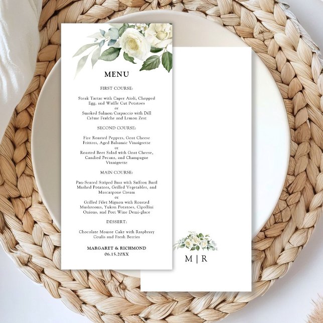 Menu de Casamento Floral Elegante de Rosas Brancas (Criador carregado)