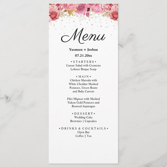 Menu de Casamento Floral Elegante Diamante e Rosa (Frente)