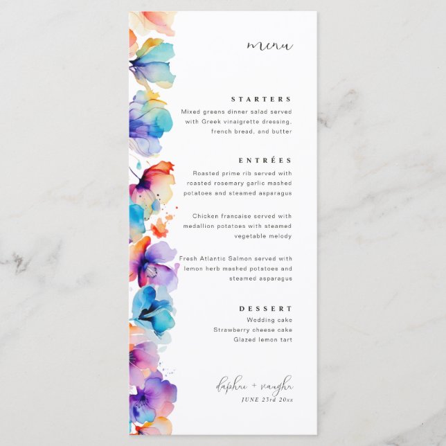 Menu de Casamento Floral Floral de Aquarela (Frente)