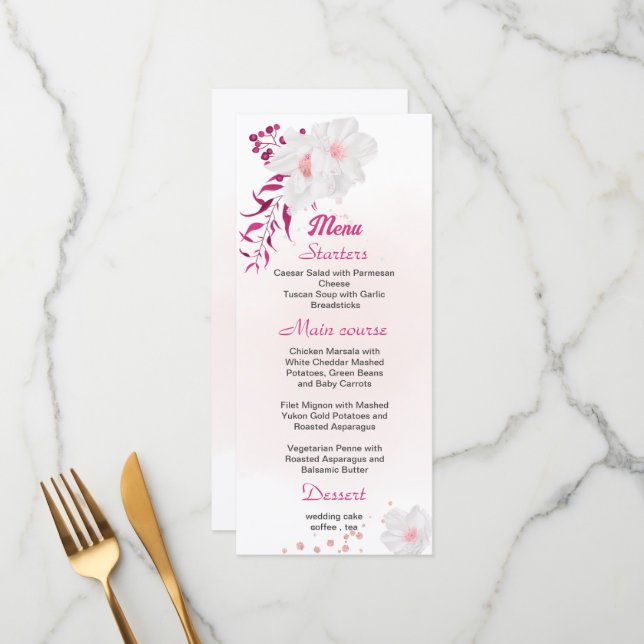menu de casamento floral fuchsia e branco (Frente/Verso In Situ)