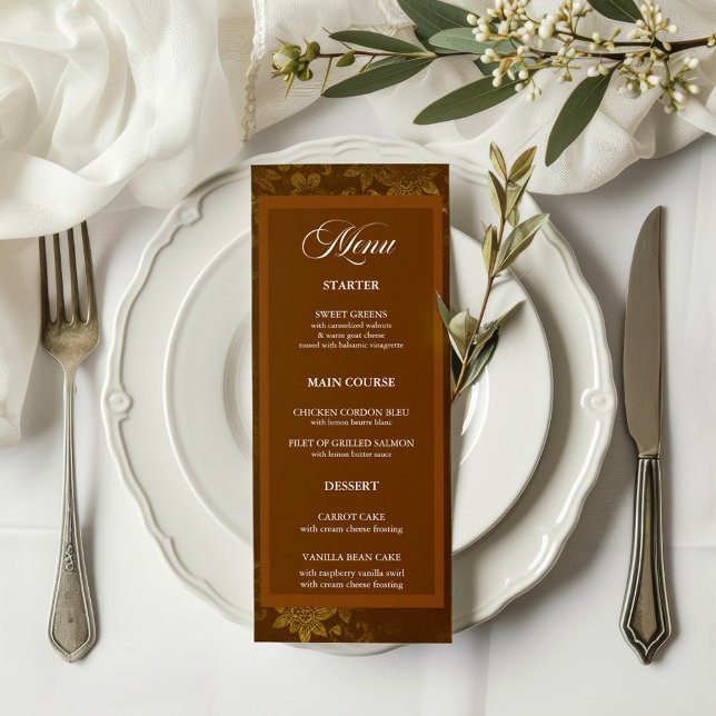 Menu de Casamento Floral Marrom e Dourado Elegante (Criador carregado)