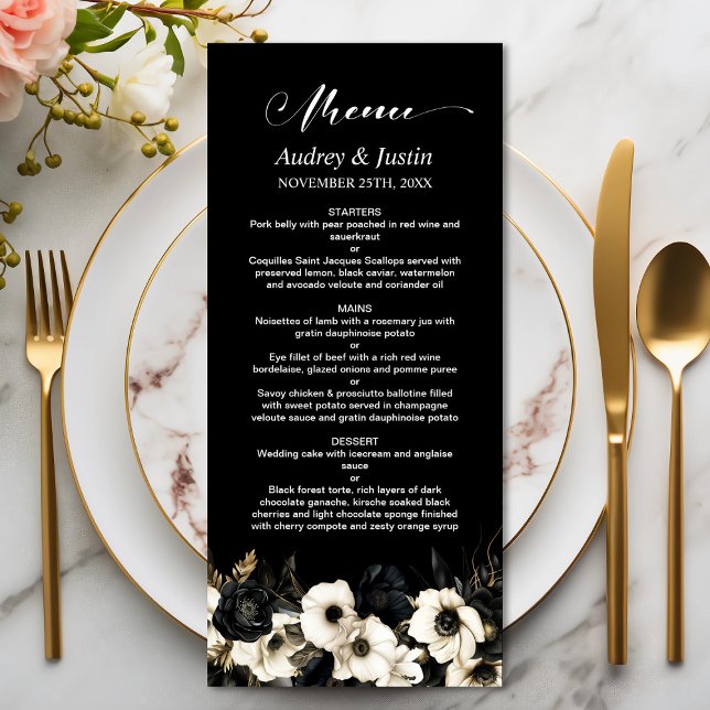 Menu de Casamento Floral Negro e Branco (Criador carregado)