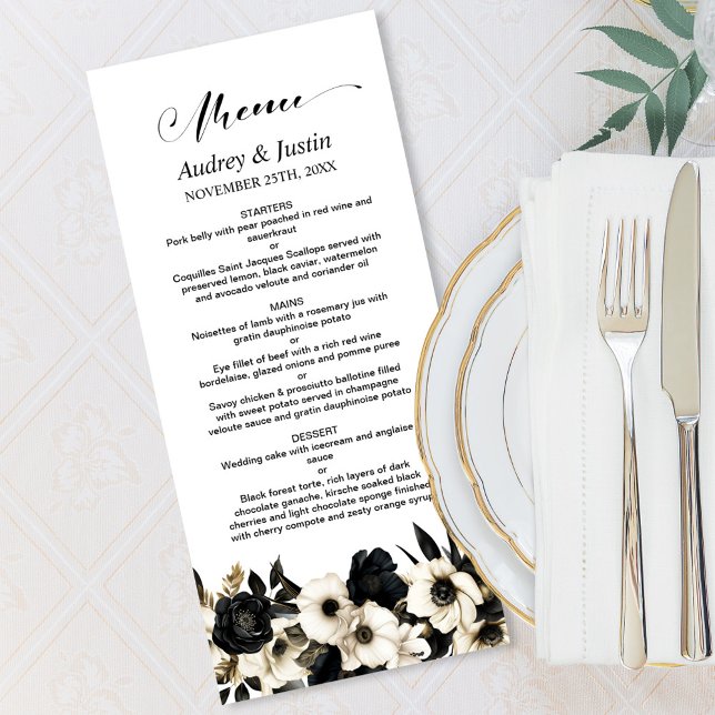 Menu de Casamento Floral Negro e Branco (Criador carregado)