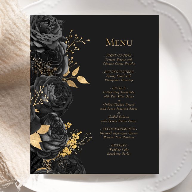 Menu de Casamento Floral Preto-Dourado Escuro (Criador carregado)