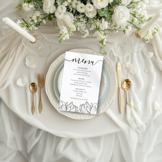 Menu de Casamento Floral Preto e Branco Elegante (Criador carregado)