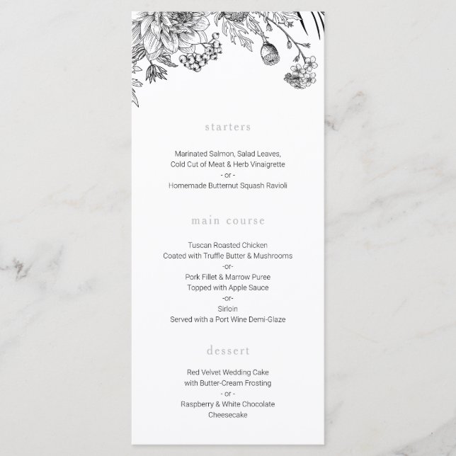 Menu de casamento floral preto e branco moderno (Frente)
