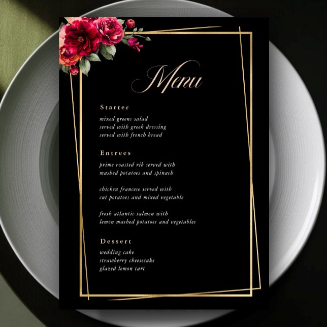 Menu de casamento floral preto vermelho-chic (Criador carregado)